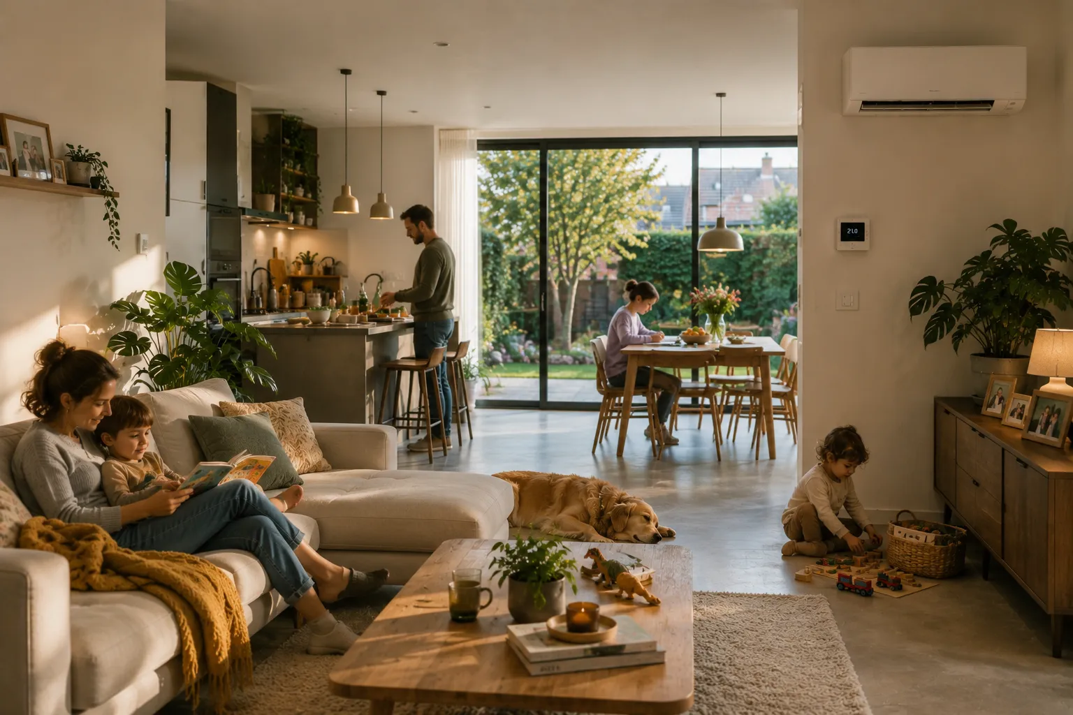 Gezin ontspant in een lichte, open woonkamer met een wandmodel airco en een thermostaat aan de muur.