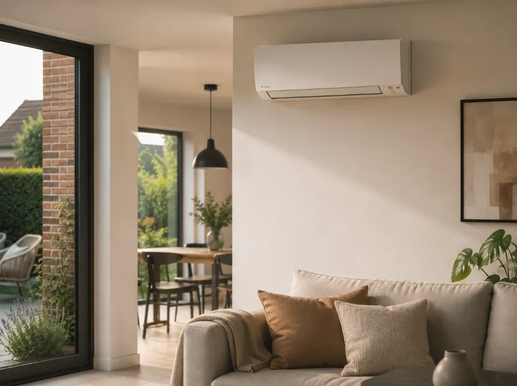 Wandmodel airco boven een zithoek in een lichte woonkamer met zicht op de tuin.