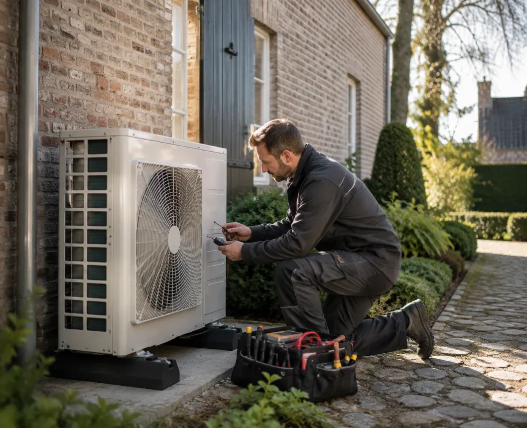 Technieker stelt een buitenunit van een warmtepomp af tegen de gevel van een Belgische woning.