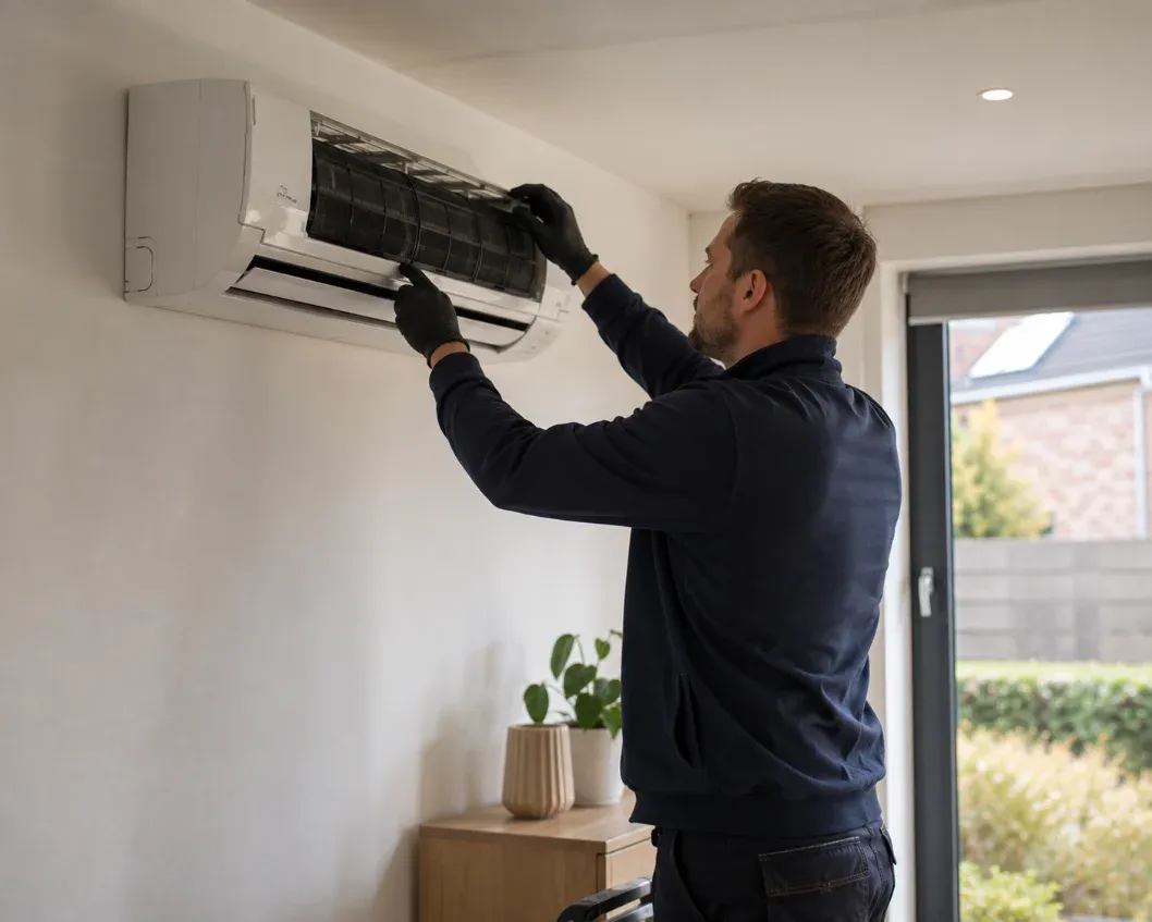 Technieker vervangt de filter van een wandmodel airco tijdens een onderhoudsbeurt.